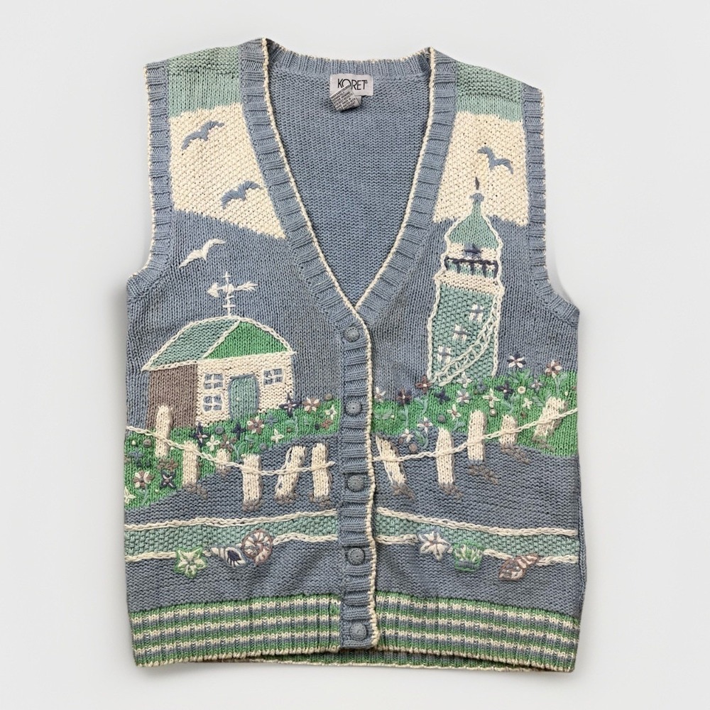 VTG Koret Womens Sweater Vest Size M Knit Cardigan 90s Lighthouse Beach Novelty